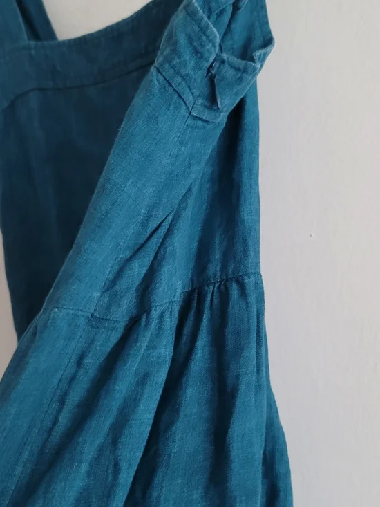 Eileen Fisher XXS Organic Linen Tiered Midi Dress Blue Square Neck Summer Beach - Picture 5 of 9